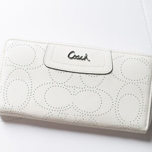 Coach Leather Perforated Signature ip Around Wallet White